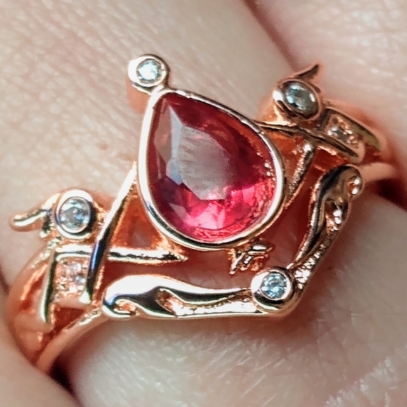 Pink Pear Shape Teardrop 18K Rose Gold Double Ring - Picture 1 of 8